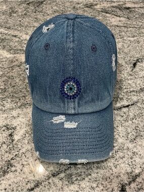 New Custom Designed Blue Distressed Baseball Cap with Sequin Evil Eye